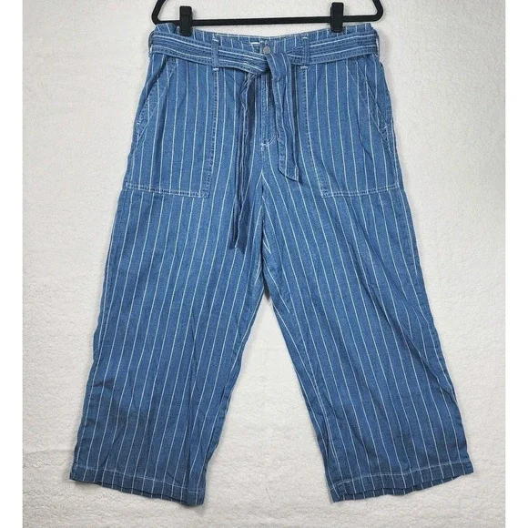 Seven7 Women's Wide Leg Pant Size 12 Belted Blue Striped Pockets Comfort NWT - Picture 1 of 15